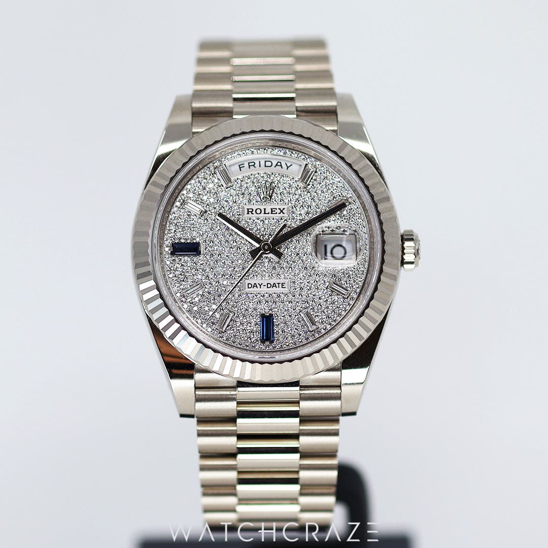 2023 ROLEX DAY-DATE PRESIDENT WHITE GOLD DIAMOND PAVE SAPPHIRES DIAL