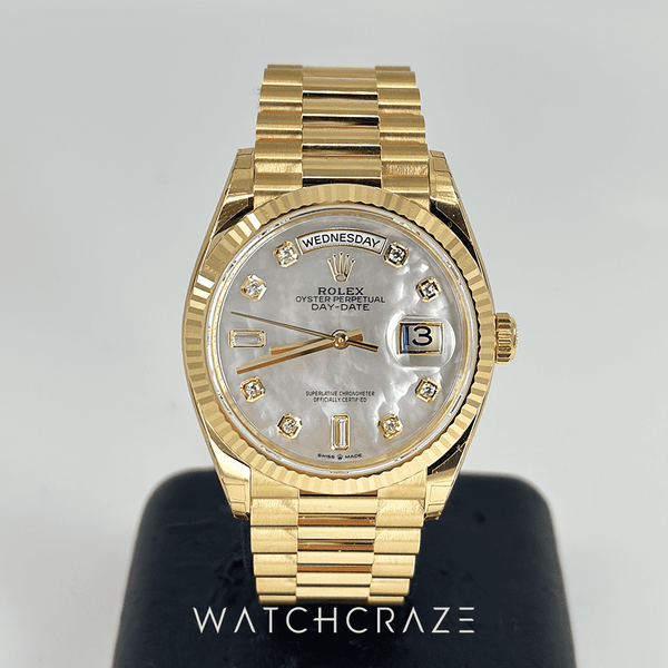 2023 ROLEX DAY-DATE 36 MOTHER OF PEARL DIAL DIAMOND MARKERS 128238