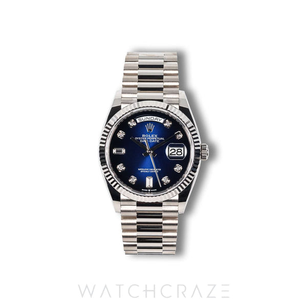 2022 ROLEX DAY-DATE WHITE GOLD BLUE DIAL DIAMOND MARKERS 36MM 128239 DAYDATE