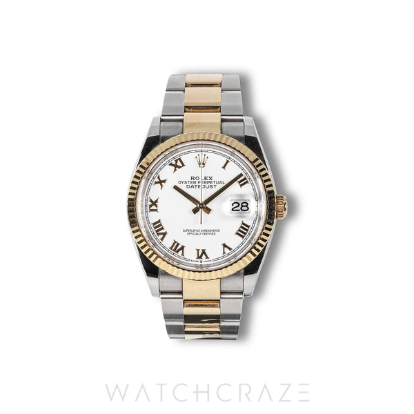 2024 ROLEX DATEJUST TWO TONE YELLOW GOLD AND STEEL WHITE ROMAN NUMERAL DIAL 36MM 126233