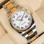 2024 ROLEX DATEJUST TWO TONE YELLOW GOLD AND STEEL WHITE ROMAN NUMERAL DIAL 36MM 126233