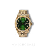 ROLEX DATEJUST YELLOW GOLD GREEN SUNBURST DIAL DIAMOND INDICATORS 36MM 16018 (Aftermarket dial / Aftermarket glass / Aftermarket bracelet)