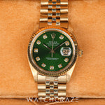 ROLEX DATEJUST YELLOW GOLD GREEN SUNBURST DIAL DIAMOND INDICATORS 36MM 16018 (Aftermarket dial / Aftermarket glass / Aftermarket bracelet)