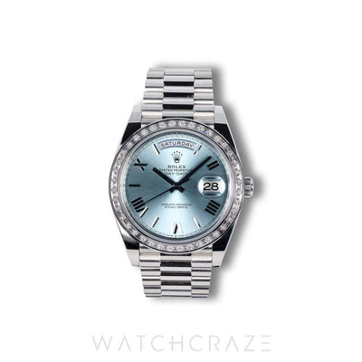 2021 ROLEX DAY-DATE PLATINUM AND DIAMOND BEZEL ICE BLUE DIAL 40MM 228396TBR