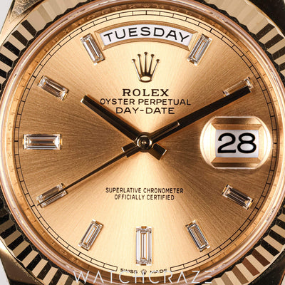 2024 ROLEX DAYDATE YELLOW GOLD CHAMPAGNE DIAL DIAMOND MARKERS 40MM 228238