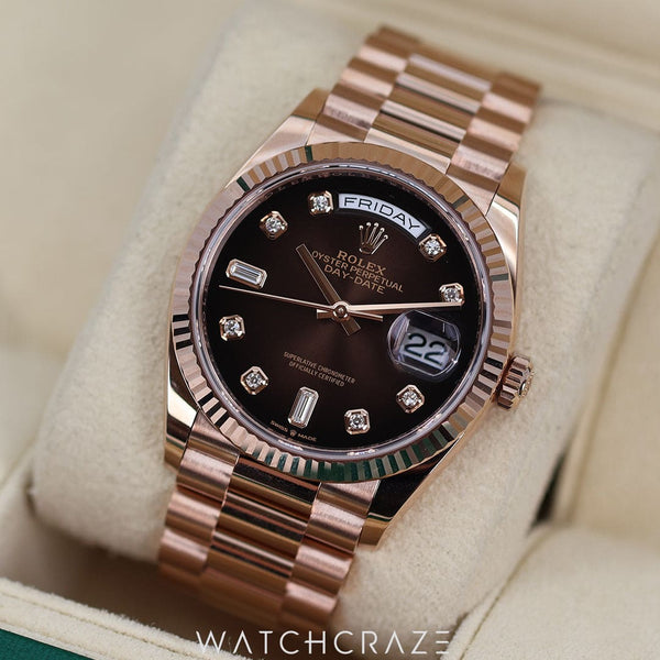 2023 ROLEX DAY DATE CHOCOLATE DIAL ROSE GOLD BRACELET 36MM 128235