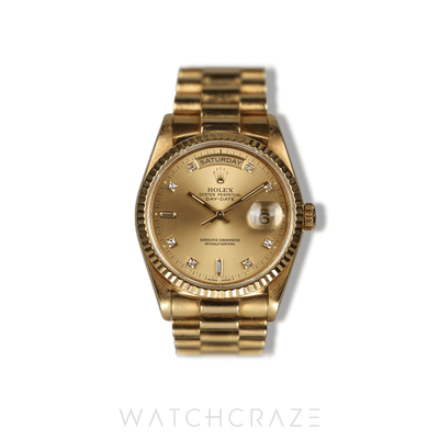 ROLEX DAY-DATE YELLOW GOLD CHAMPAGNE DIAL DIAMOND MARKERS 36MM 18238