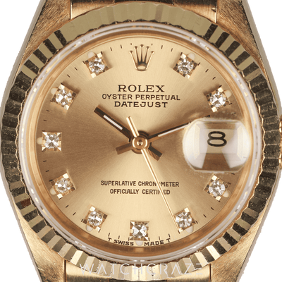 ROLEX LADIES DATEJUST YELLOW GOLD CHAMPAGNE DIAL DIAMOND MARKERS 26MM 69178G