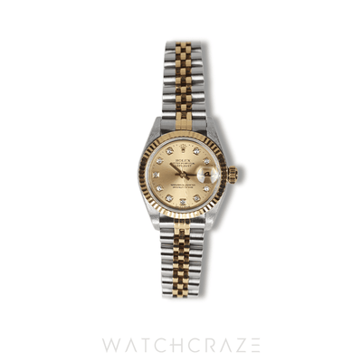 ROLEX LADIES DATEJUST TWO TONE YELLOW GOLD AND STEEL CHAMPAGNE DIAL 26MM 69173