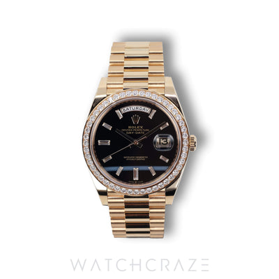 2025 ROLEX DAY DATE YELLOW GOLD OYNX DIAL DIAMOND BEZEL 40MM 228348RBR