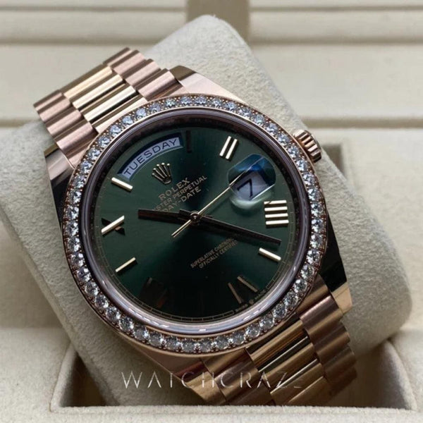 2021 ROLEX DAY DATE 40MM ROSE GOLD OLIVE DIAL FACTORY DIAMOND BEZEL 22