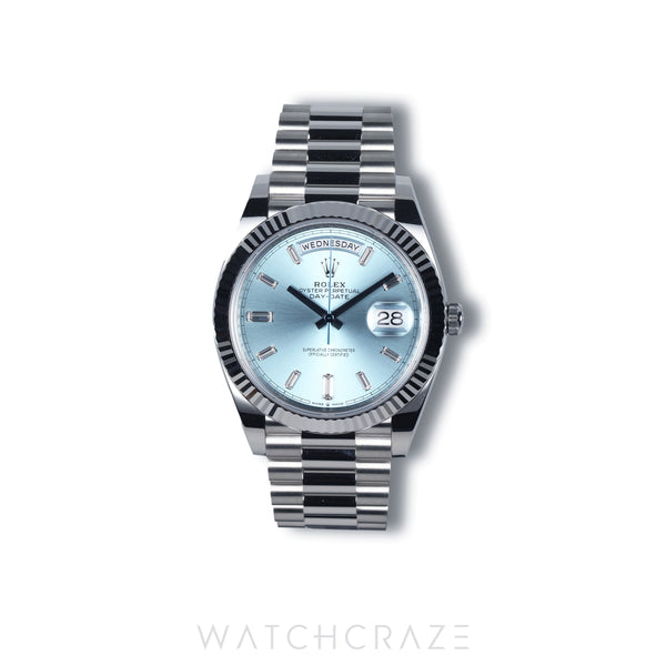 2026 ROLEX DAY-DATE PLATINUM ICE BLUE BAGUETTE DIAL 40MM 228236