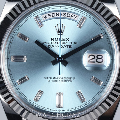 2026 ROLEX DAY-DATE PLATINUM ICE BLUE BAGUETTE DIAL 40MM 228236