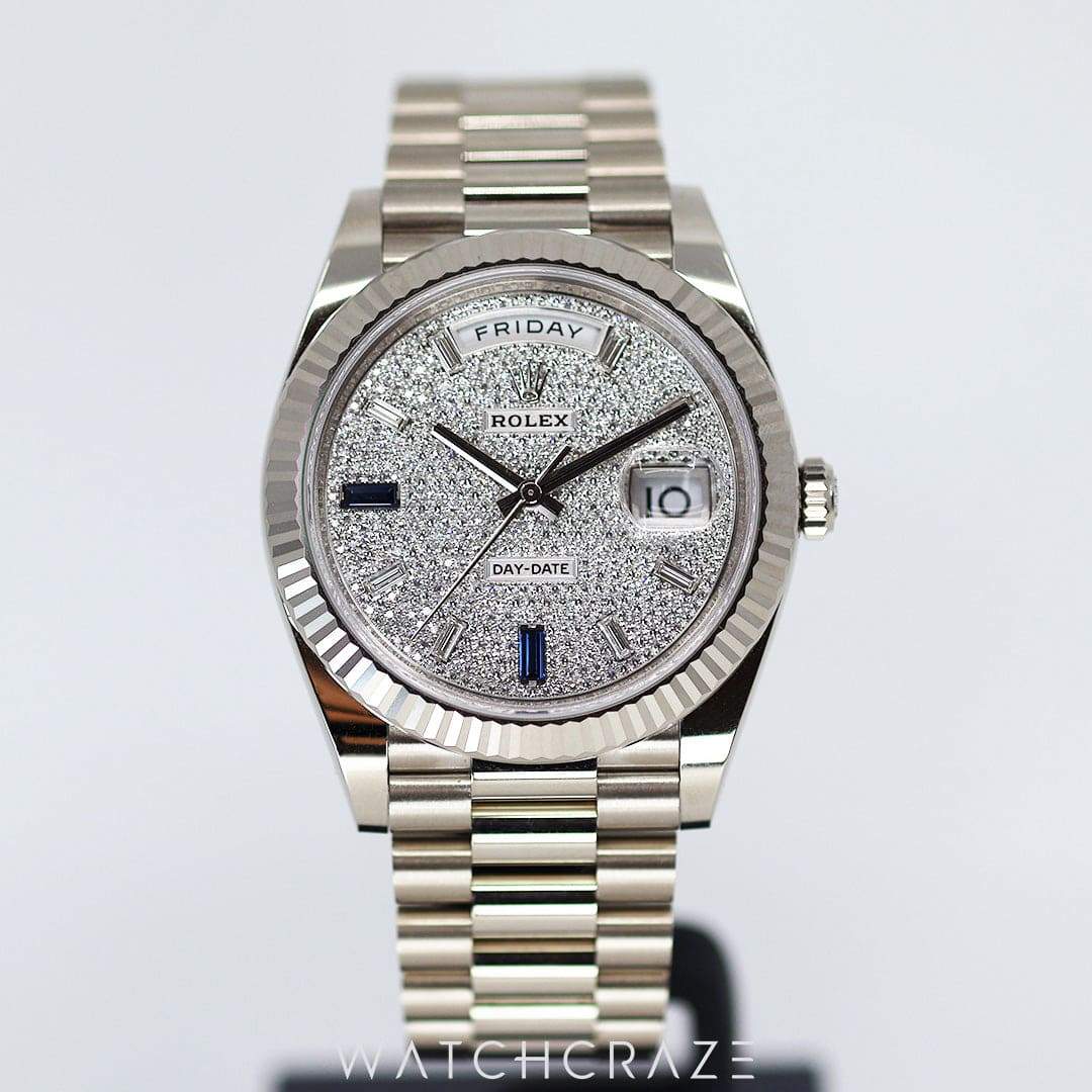 2023 ROLEX DAY-DATE PRESIDENT WHITE GOLD DIAMOND PAVE SAPPHIRES DIAL 40MM 228239