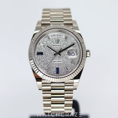 2023 ROLEX DAY-DATE PRESIDENT WHITE GOLD DIAMOND PAVE SAPPHIRES DIAL 40MM 228239