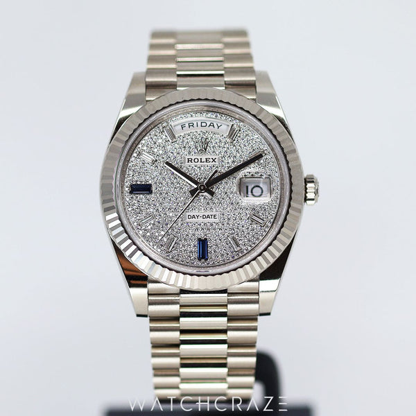 2023 ROLEX DAY-DATE PRESIDENT WHITE GOLD DIAMOND PAVE SAPPHIRES DIAL 40MM 228239