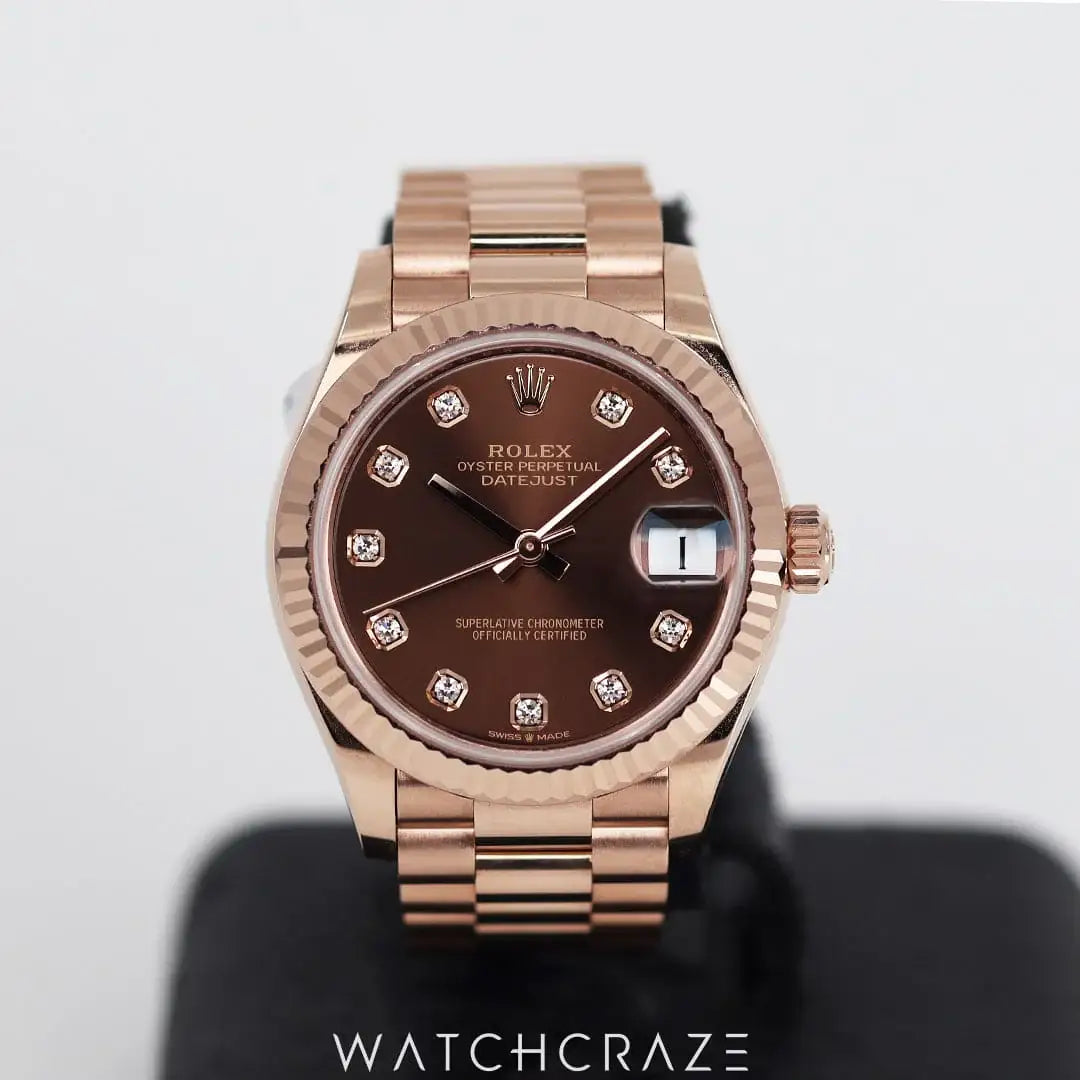 2024 LADIES ROLEX DATEJUST CHOCOLATE DIAMOND-SET DIAL EVEROSE GOLD 31MM 278275