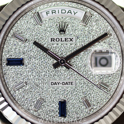 2023 ROLEX DAY-DATE PRESIDENT WHITE GOLD DIAMOND PAVE SAPPHIRES DIAL 40MM 228239