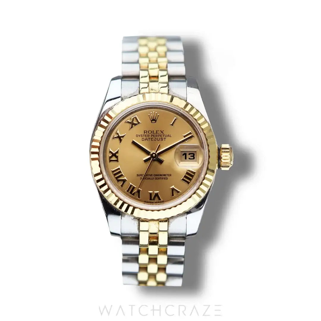 2014 ROLEX DATEJUST TWO TONE GOLD AND STEEL CHAMPAGNE 26MM 179173