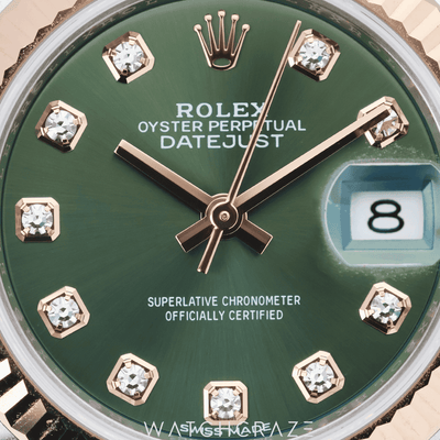 2017 ROLEX LADIES DATEJUST TWO TONE ROSE GOLD AND STEEL GREEN DIAL DIAMOND MARKERS 28MM 27