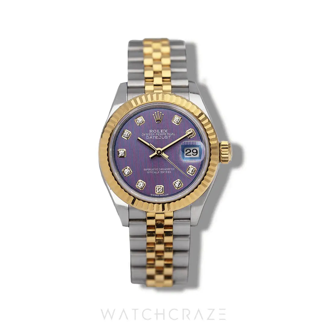 2017 ROLEX LADY DATE JUST TWO TONE YELLOW GOLD AND STEEL PURPLE DIAL DIAMOND MARKERS 28MM 279173
