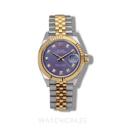 2017 ROLEX LADY DATE JUST TWO TONE YELLOW GOLD AND STEEL PURPLE DIAL DIAMOND MARKERS 28MM 279173