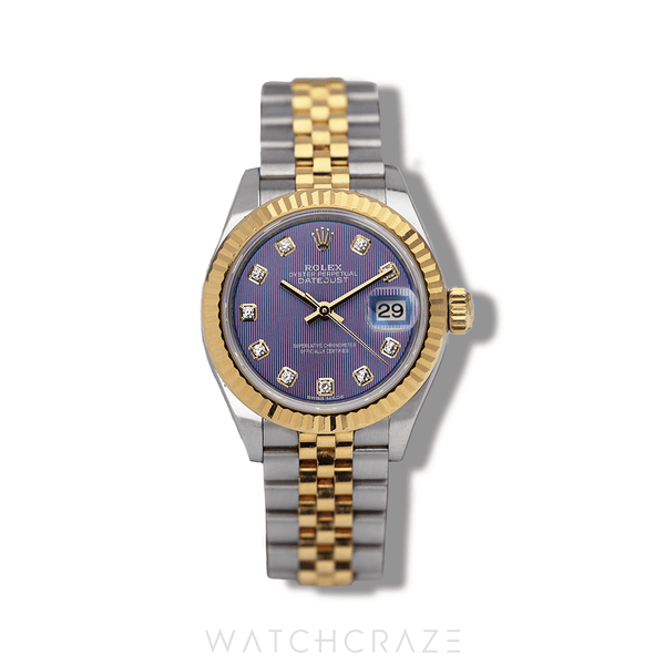 2017 ROLEX LADY DATE JUST TWO TONE YELLOW GOLD AND STEEL PURPLE DIAL DIAMOND MARKERS 28MM 279173