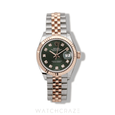 2017 ROLEX LADIES DATEJUST TWO TONE ROSE GOLD AND STEEL GREEN DIAL DIAMOND MARKERS 28MM 27