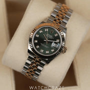 2017 ROLEX LADIES DATEJUST TWO TONE ROSE GOLD AND STEEL GREEN DIAL DIAMOND MARKERS 28MM 27
