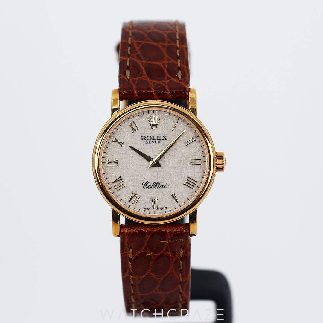 2003 LADIES ROLEX CELLINI DILVER DIAL BROWN LEATHER BAND 26MM 01/08/6110