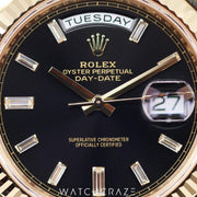 2023 ROLEX DAY-DATE YELLOW GOLD BLACK DIAL W/ BAGUETTE MARKERS 40MM 228238a