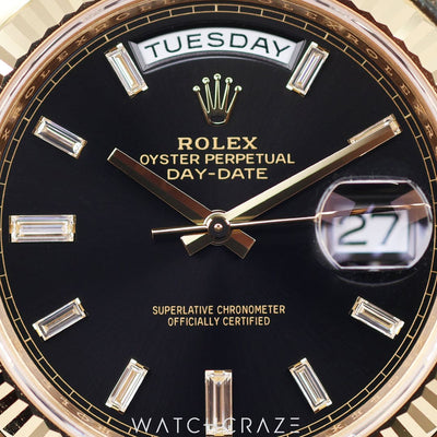 2023 ROLEX DAY-DATE YELLOW GOLD BLACK DIAL W/ BAGUETTE MARKERS 40MM 228238a