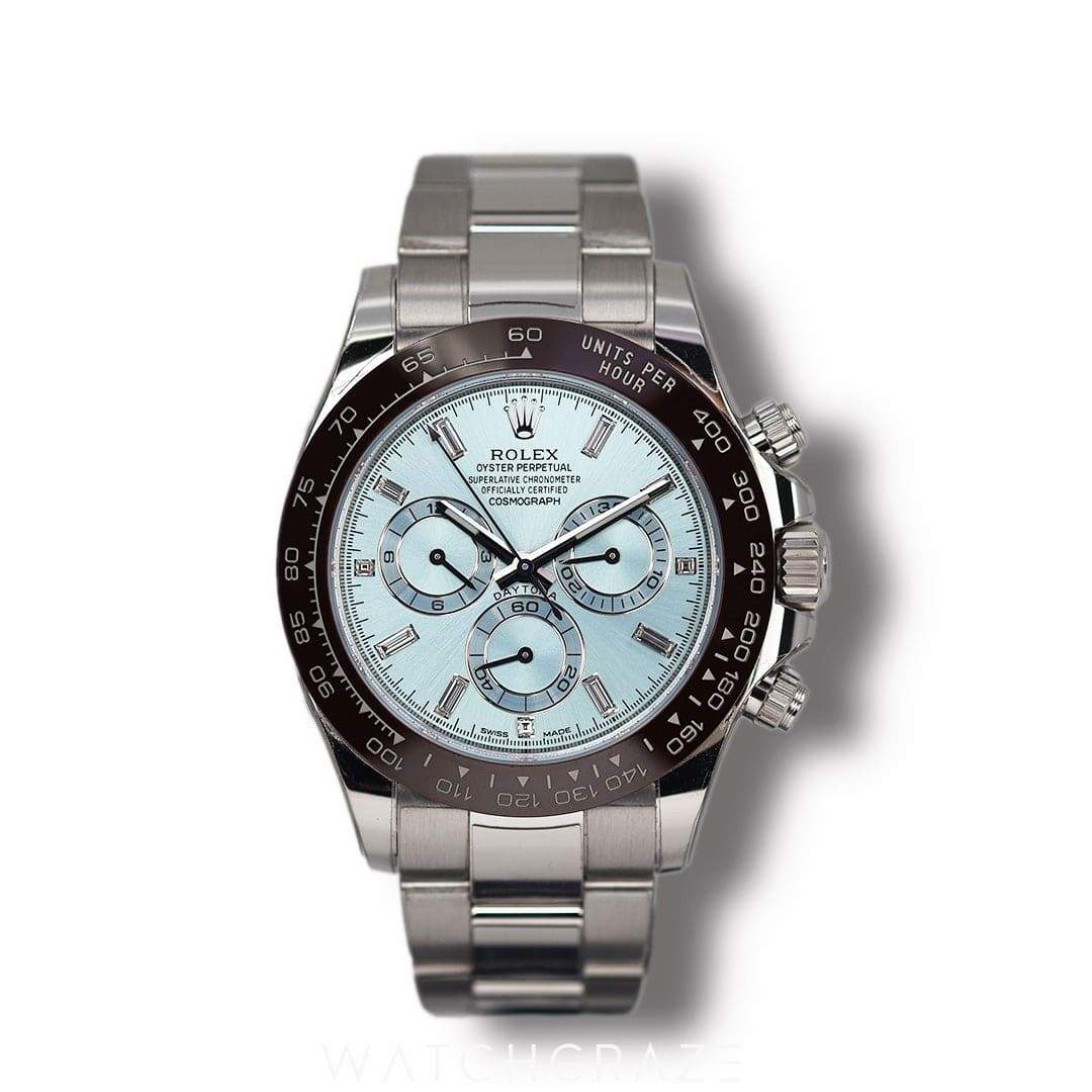 2021 ROLEX DAYTONA PLATINUM ICE BLUE DIAL DIAMOND BAGUETTE MARKERS 40MM 116506