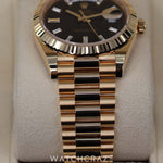 2023 ROLEX DAY-DATE YELLOW GOLD BLACK DIAL W/ BAGUETTE MARKERS 40MM 228238a