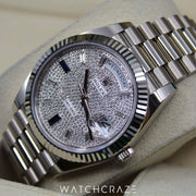2023 ROLEX DAY-DATE PRESIDENT WHITE GOLD DIAMOND PAVE SAPPHIRES DIAL 40MM 228239