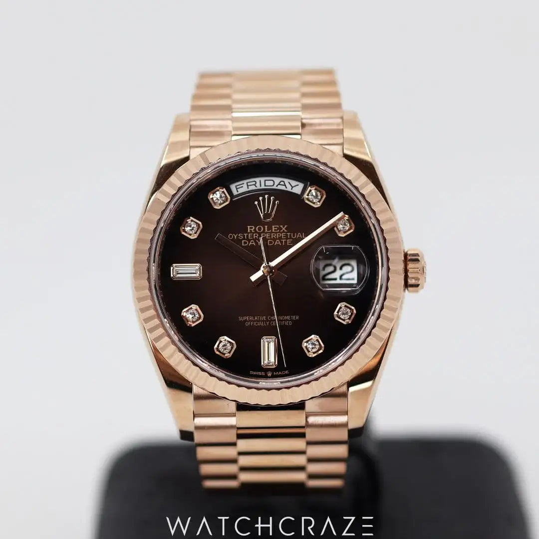 2023 ROLEX DAY-DATE CHOCOLATE DIAL ROSE GOLD BRACELET 36MM 128235