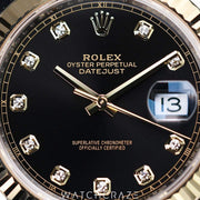 2024 ROLEX DATEJUST TWO TONE YELLOW GOLD AND STEEL BLACK DIAL DIAMOND MARKERS 36MM 126233