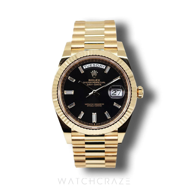 2019 ROLEX DAY-DATE YELLOW GOLD BAGUETTE MARKERS BLACK DIAL 40MM 228238