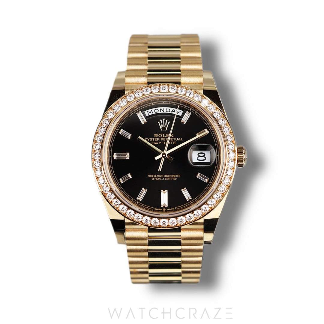 2022 ROLEX DAY DATE YELLOW GOLD DIAMOND BEZEL BLACK DIAL 40MM 228348