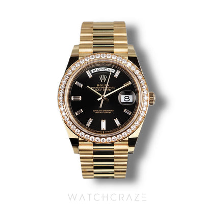 2022 ROLEX DAY DATE YELLOW GOLD DIAMOND BEZEL BALCK DIAL 40MM 228348