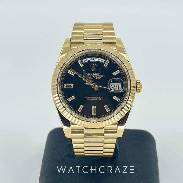 2019 ROLEX DAY-DATE 40MM YELLOW GOLD BLACK DIAMOND DIAL 228238