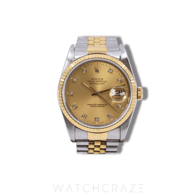 1988 ROLEX DATE-JUST 36 TWO TONE CHAMPAGNE DIAMOND MARKERS 16233
