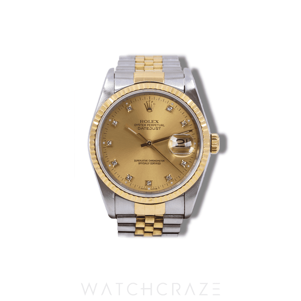 1988 ROLEX DATE-JUST 36 TWO TONE CHAMPAGNE DIAMOND MARKERS 16233