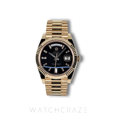 2023 ROLEX DAY-DATE YELLOW GOLD OYNX DIAL DIAMOND MARKERS 40MM 228238 DAYDATE