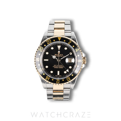 ROLEX GMT MASTER II TWO TONE YELLOW GOLD AND STEE BLACK DIAL 40MM 16713
