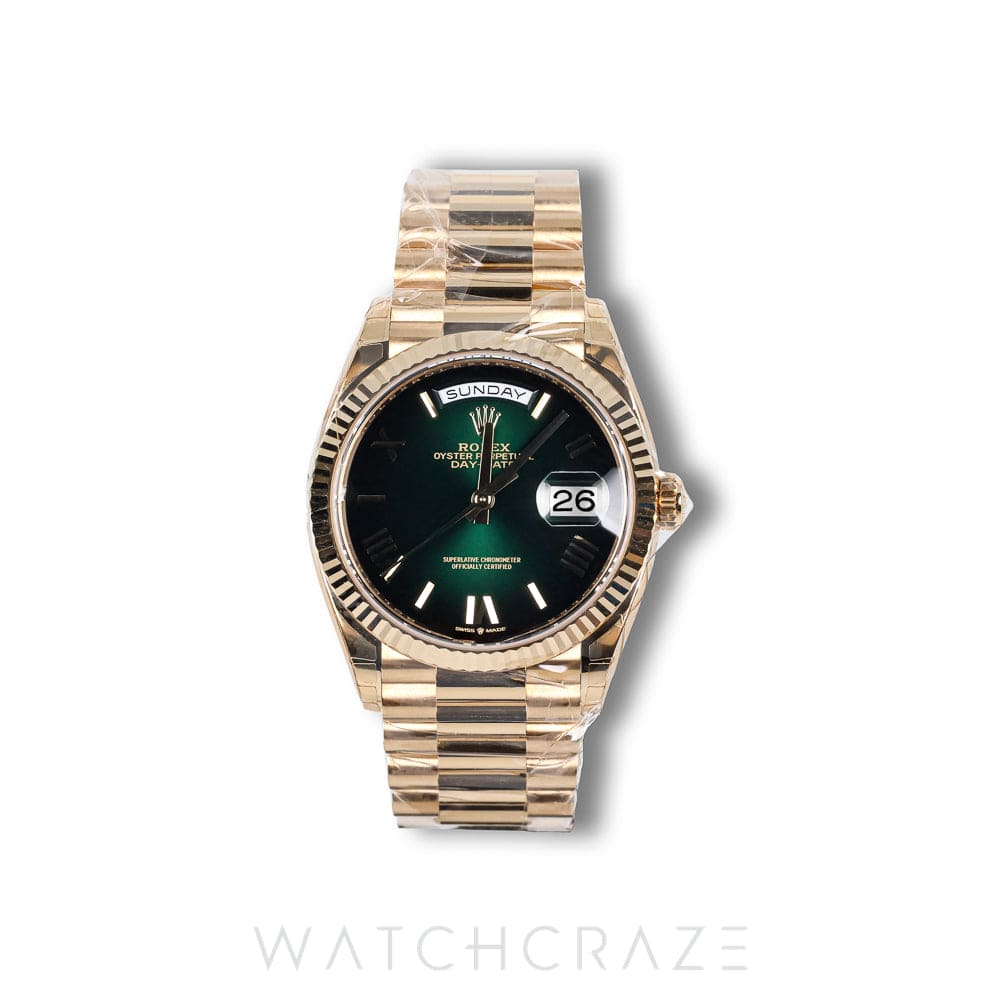 2026 ROLEX DAY-DATE YELLOW GOLD GREEN ROMAN DIAL 36MM 128238