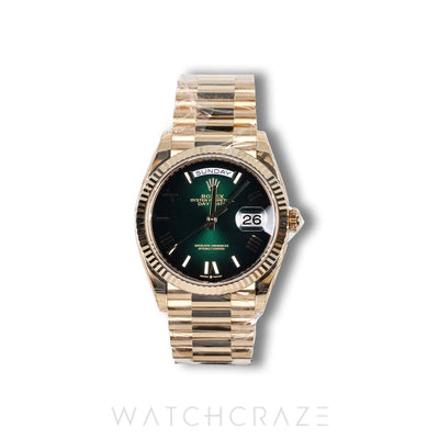 2026 ROLEX DAY-DATE YELLOW GOLD GREEN ROMAN DIAL 36MM 128238