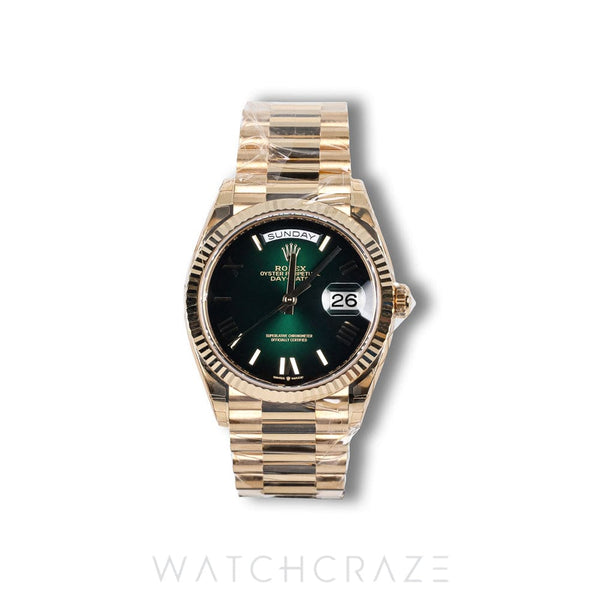 2026 ROLEX DAY-DATE YELLOW GOLD GREEN ROMAN DIAL 36MM 128238