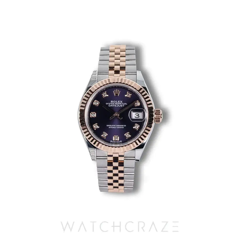 2021 ROLEX LADIES DATEJUST TWO TONE ROSE GOLD AND STEEL PURPLE DIAL DIAMOND MARKERS 28MM 279171