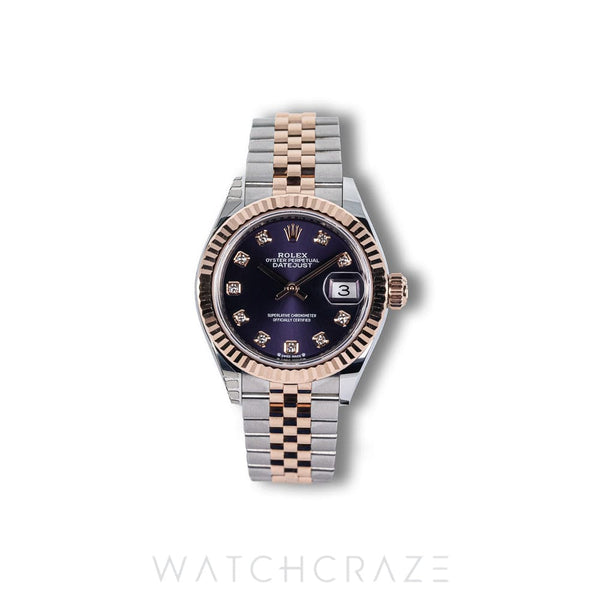 2021 ROLEX LADIES DATEJUST TWO TONE ROSE GOLD AND STEEL PURPLE DIAL DIAMOND MARKERS 28MM 279171